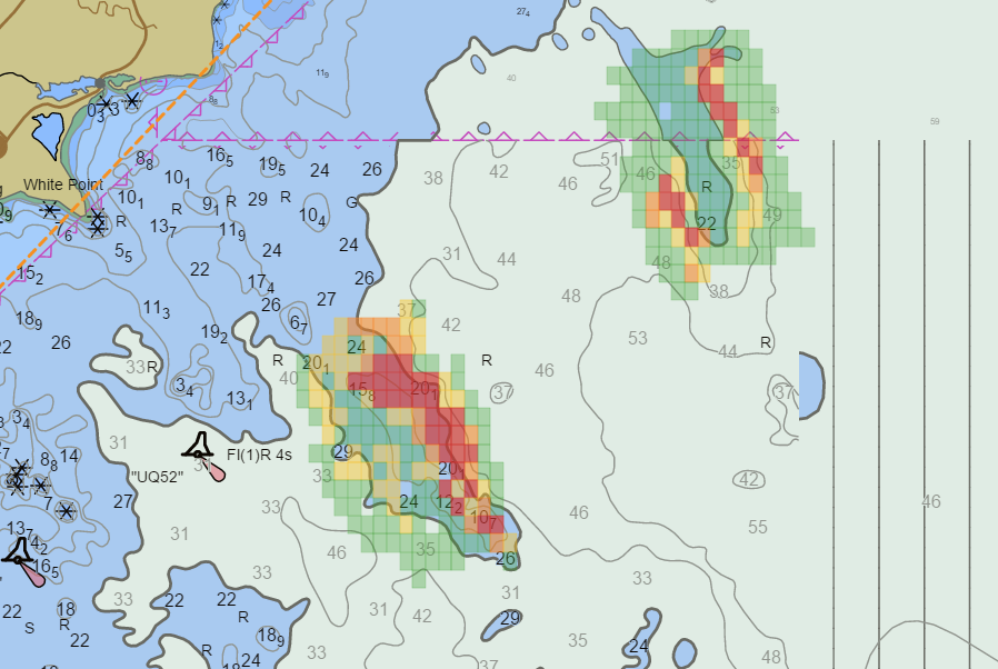 Heatmap of survey concentration overlaid on a nautical chart